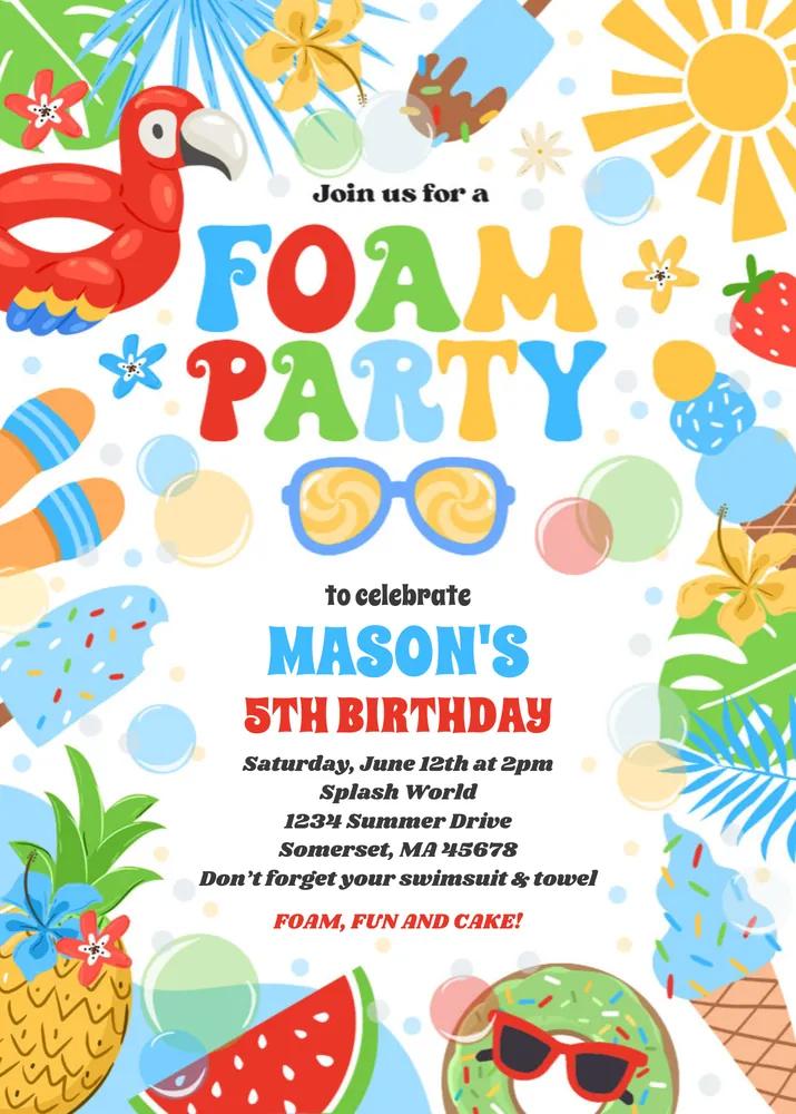 Tropical Foam Pool Splash Pad Birthday Party Invite Canva Template