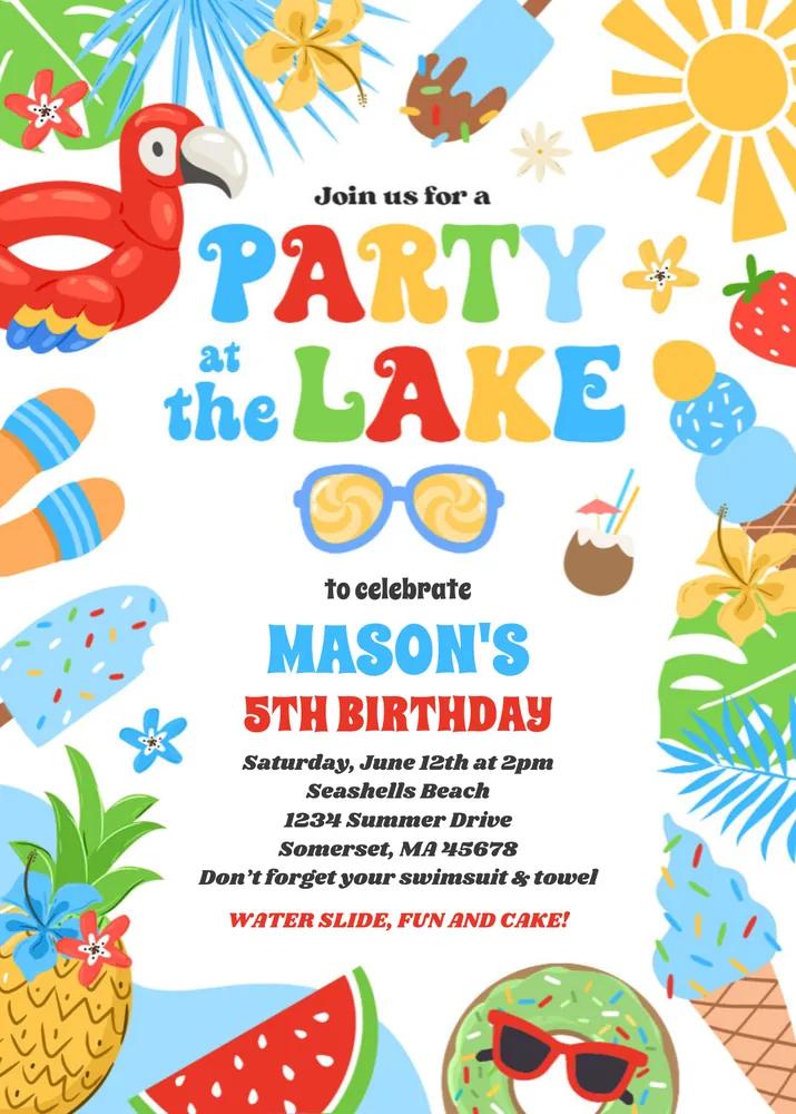 Editable Summer Lake BBQ Birthday Invitation Canva Template | Instant Download