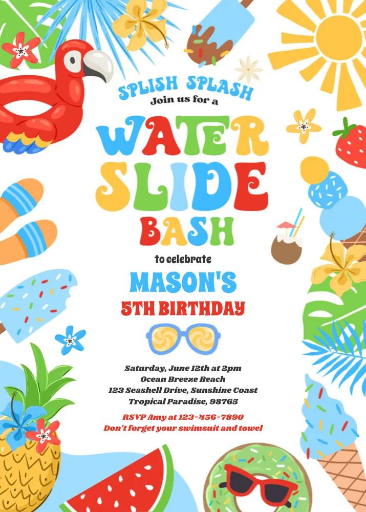Tropical Water Slide Birthday Invitation Template - Editable Canva Design