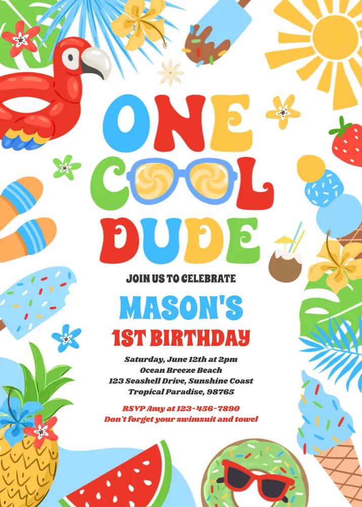 One Cool Dude Tropical 1st Birthday Invitation - Editable Canva Template