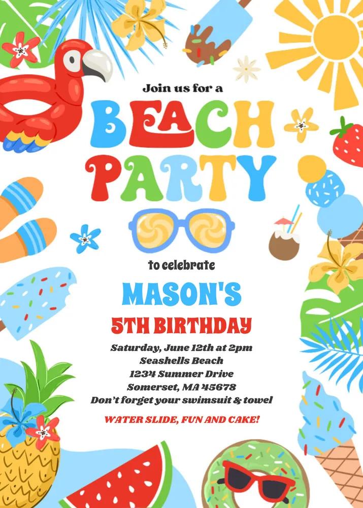 Tropical Beach Summer Birthday Invitation - Editable Canva Template