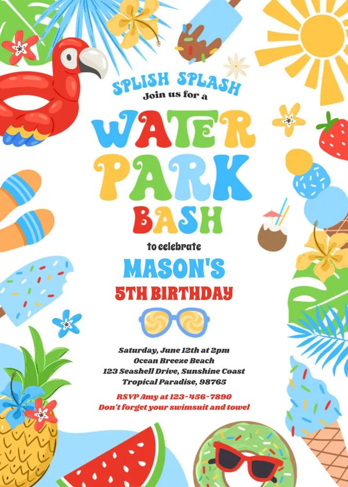 Tropical Water Park Birthday Invitation Canva Template | Summer Splash Party