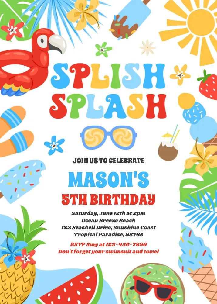 Tropical Pool Party Birthday Invitation - Editable Canva Template
