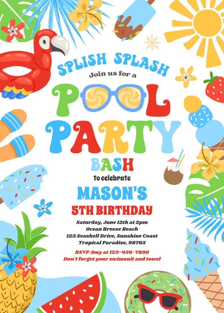 Tropical Pool Party Birthday Invitation - Editable Canva Template