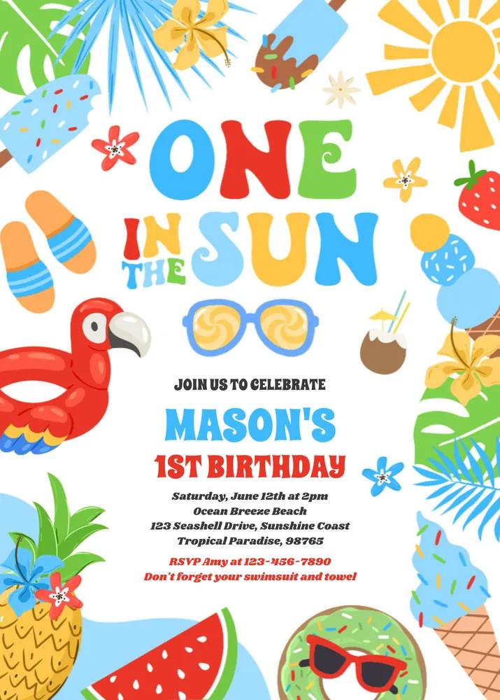 One In The Sun Tropical Beach 1st Birthday Invitation Canva Template