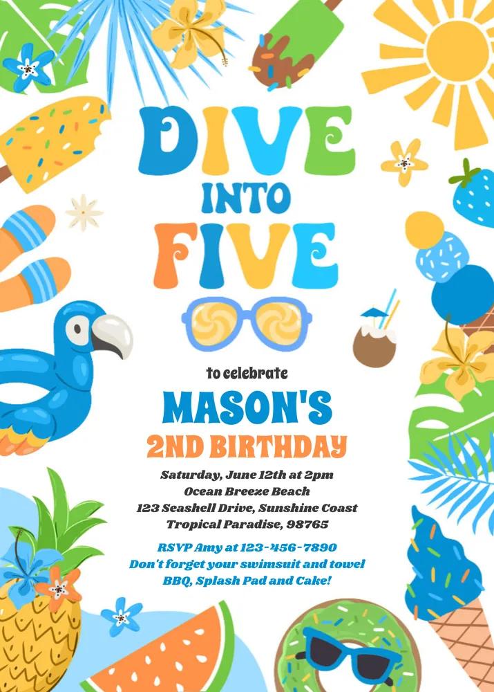 Tropical Beach 5th Birthday Invitation Template | Editable Canva Design