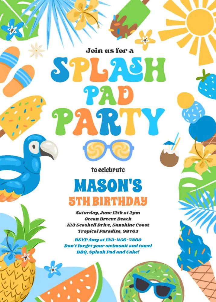 Tropical Splash Pad Birthday Invitation | Editable Canva Template Summer Party
