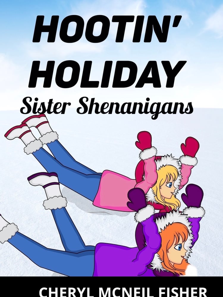 Bright Blue sky with light puffy clouds set the backdrop for a winter slope with a few pine trees. The focus is on Piper and Kylie going down the hill using their coats and snow pants as their sled. Piper in purple and Kylie in Pink. They both have white