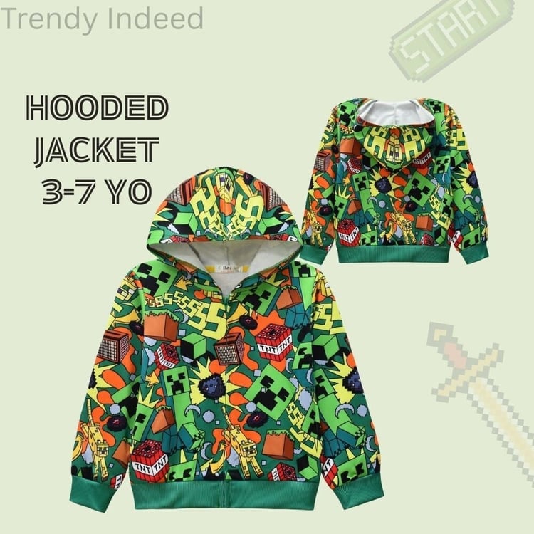 Kids pixel game inspired hooded jacket cozy zipper coat