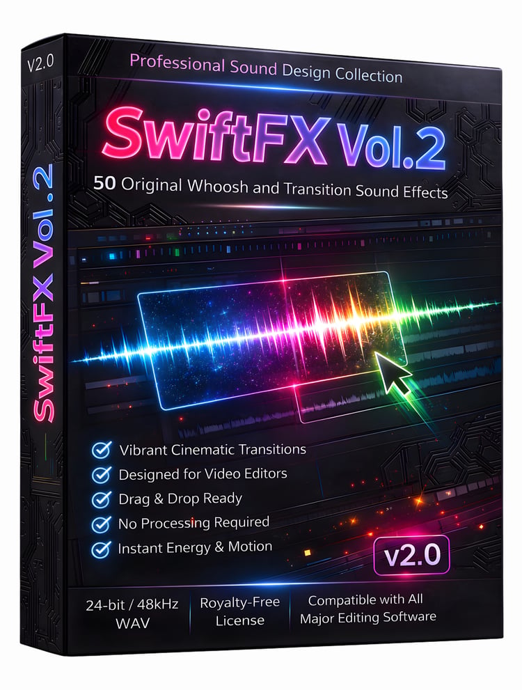 50 cinematic whoosh and transition sound effects for film, video editing, trailers, and motion graphics. Includes high-quality 48kHz / 24-bit WAV files designed for filmmakers, editors, and content creators. Royalty-free SFX ready for professional product