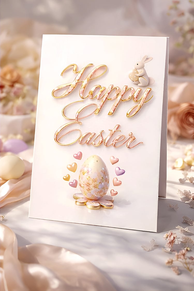 Cute bunny sitting on floral Happy Easter typography with pastel hearts and decorative Easter egg.