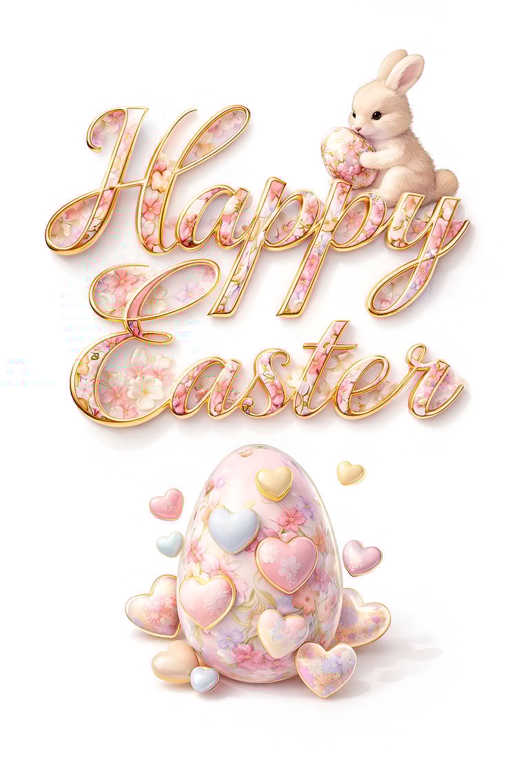 Cute bunny sitting on floral Happy Easter typography with pastel hearts and decorative Easter egg.