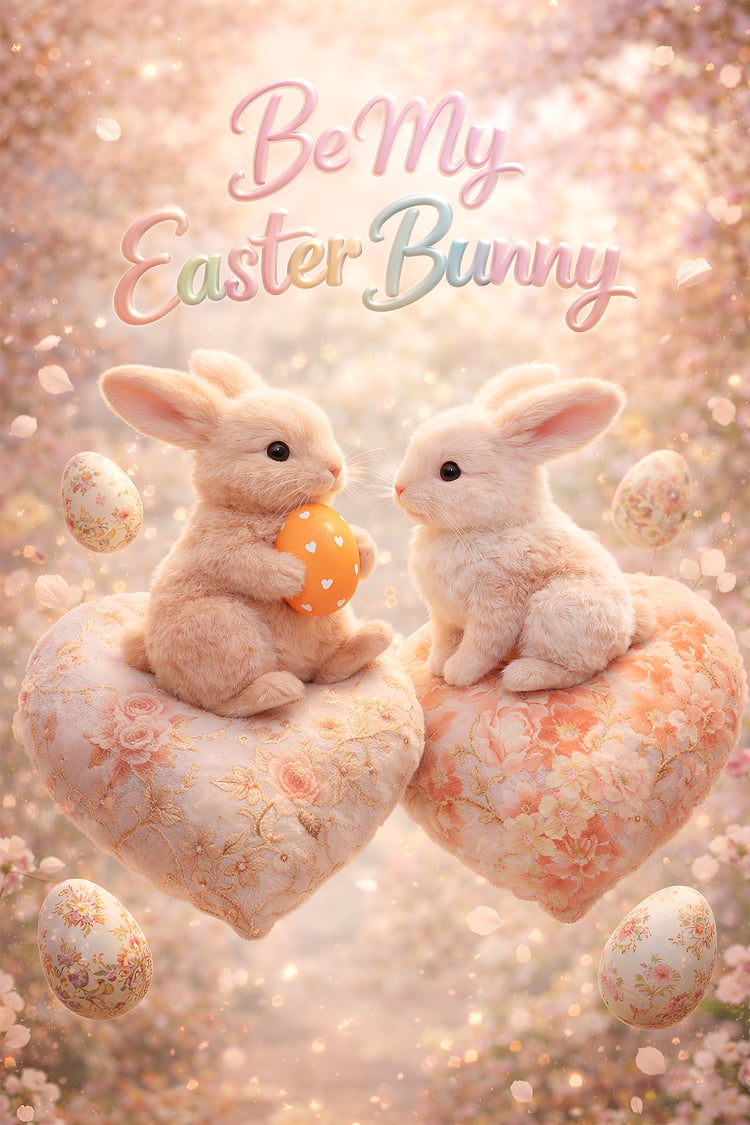 Two cute Easter bunnies sitting on floral heart pillows with pastel Easter eggs and Be My Easter Bunny text.