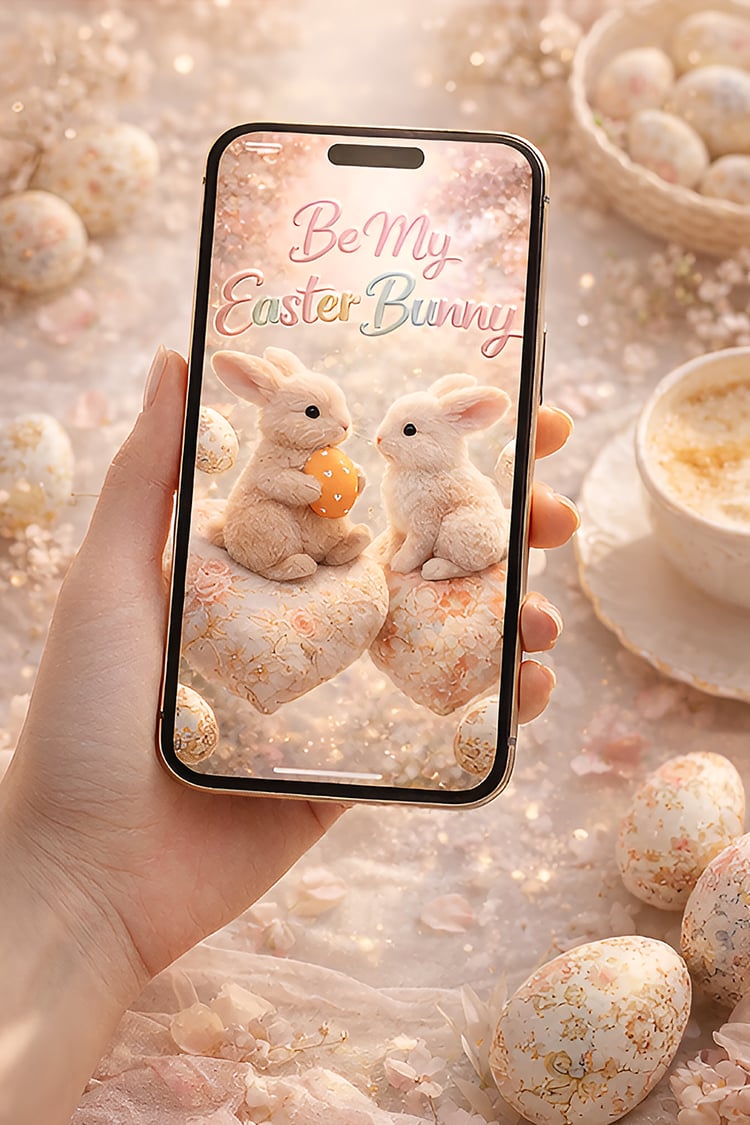 Two cute Easter bunnies sitting on floral heart pillows with pastel Easter eggs and Be My Easter Bunny text.