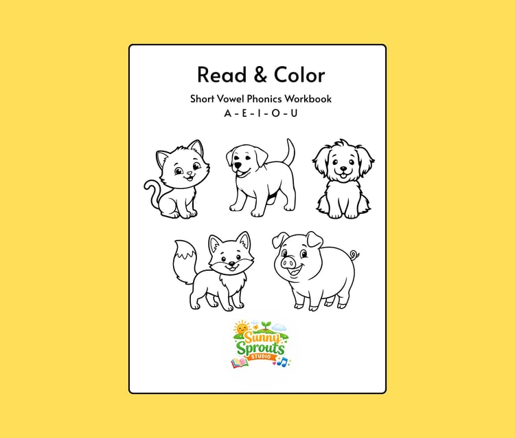 Sunny Sprouts Studio Read Color Phonics Workbook preschool kindergarten short vowel tracing CVC activities ages 3-6