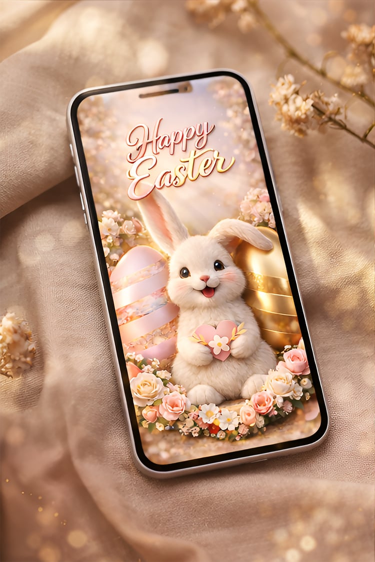 Cute fluffy Easter bunny holding a heart surrounded by pastel Easter eggs and spring flowers.