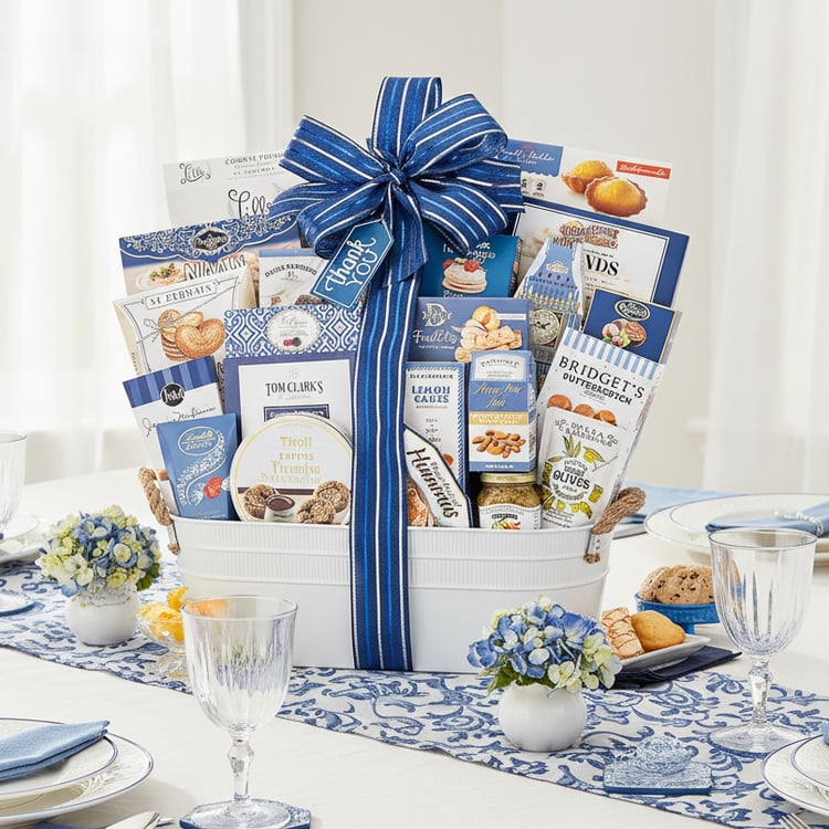 Gift basket with blue ribbon on a table set for a meal, featuring various food items.