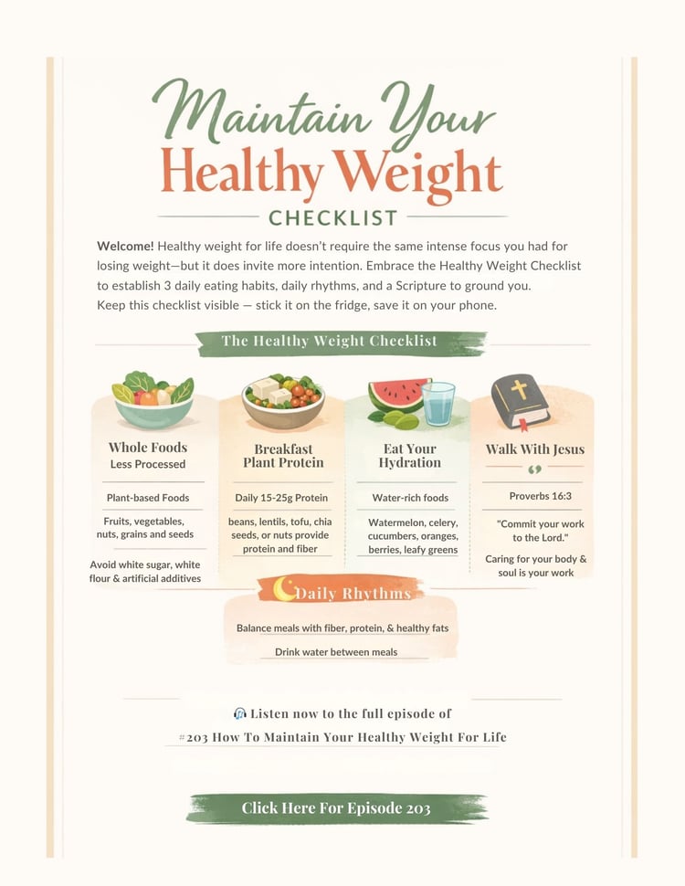 “Fresh whole foods including leafy greens, berries, avocado, oatmeal, and a glass of water arranged on a light wooden surface with overlay text: ‘Maintain Your Healthy Weight for Life – 3 Simple Daily Food Practices.’ Banner below reads: ‘Whole Foods • Plant-Based Protein • Hydrating Fruits & Veggies.’”