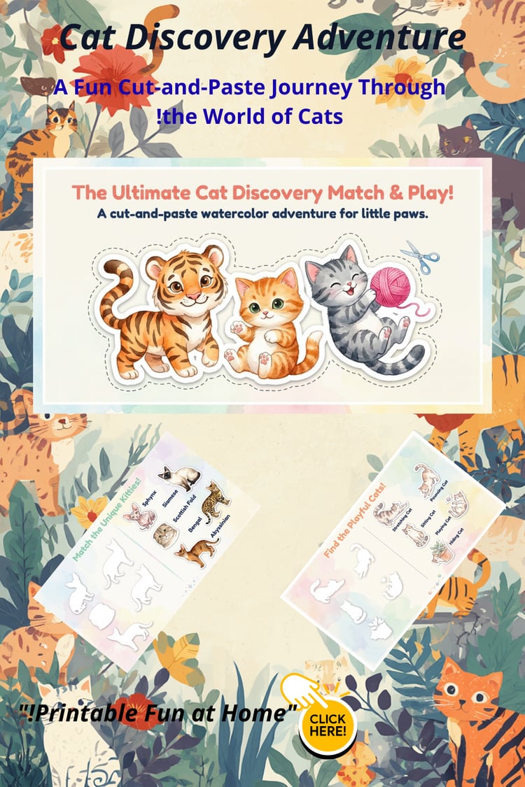 "Front cover of Cat Discovery Adventure activity book for kids featuring a cute orange watercolor cat and 10 interactive preview pages.