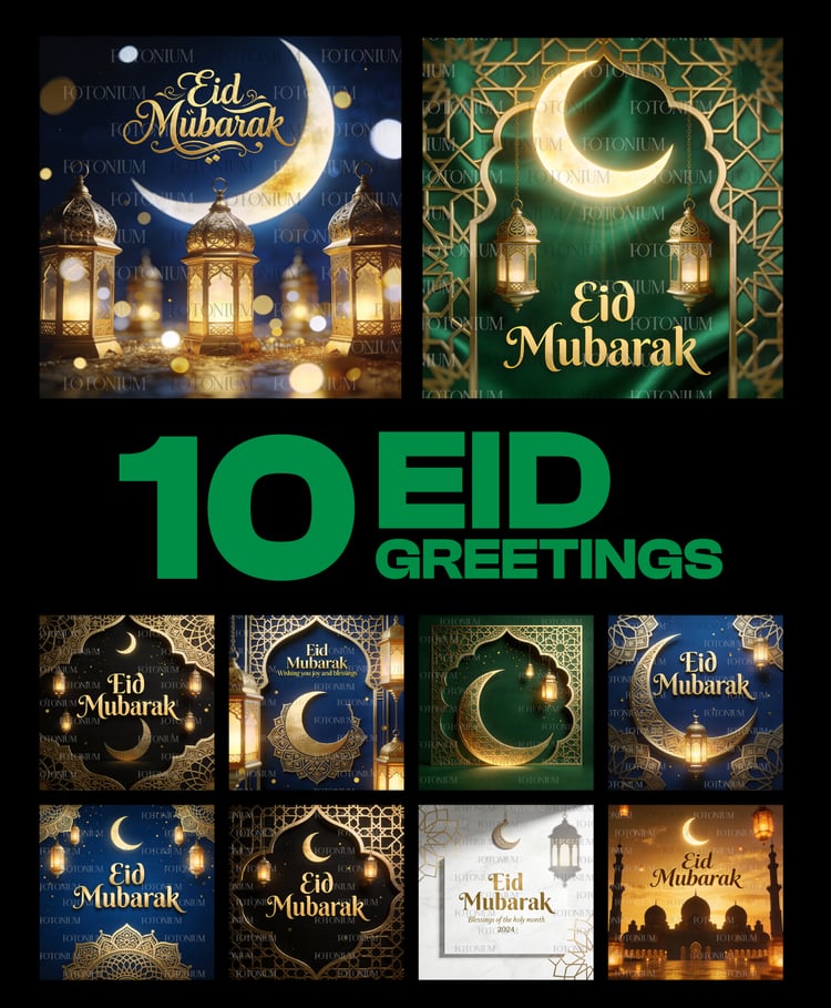 Luxury Eid Mubarak Greeting Card Bundle – Golden Crescent Moon & Islamic Lantern Designs - 10 AI Generated Images