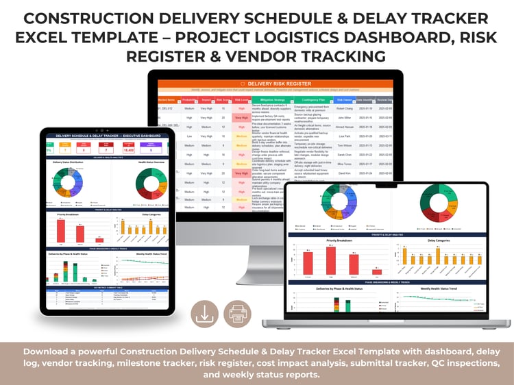 Construction delivery schedule dashboard Excel template showing KPIs for deliveries, delays, cost impact, vendor on-time performance, risk indicators, and project health analytics.