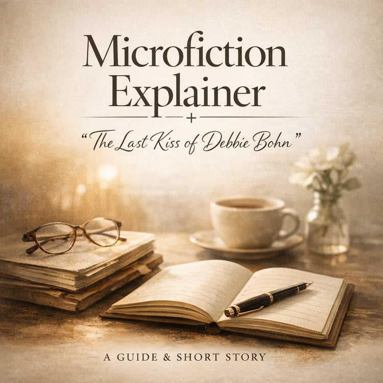 Warm editorial book cover featuring an open notebook with a fountain pen, vintage glasses on stacked journals, and a ceramic cup beside a small flower vase. Title reads ‘Microfiction Explainer + “The Last Kiss of Debbie Bohn”’ in elegant serif and script 