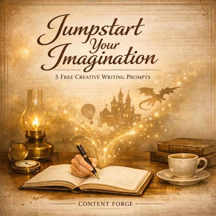 Vintage‑style creative writing cover showing a hand writing in an open notebook with a fountain pen. Warm sepia lighting, an oil lamp, compass, books, and a coffee cup surround the notebook. Magical sparkles rise from the page forming shapes of a castle,