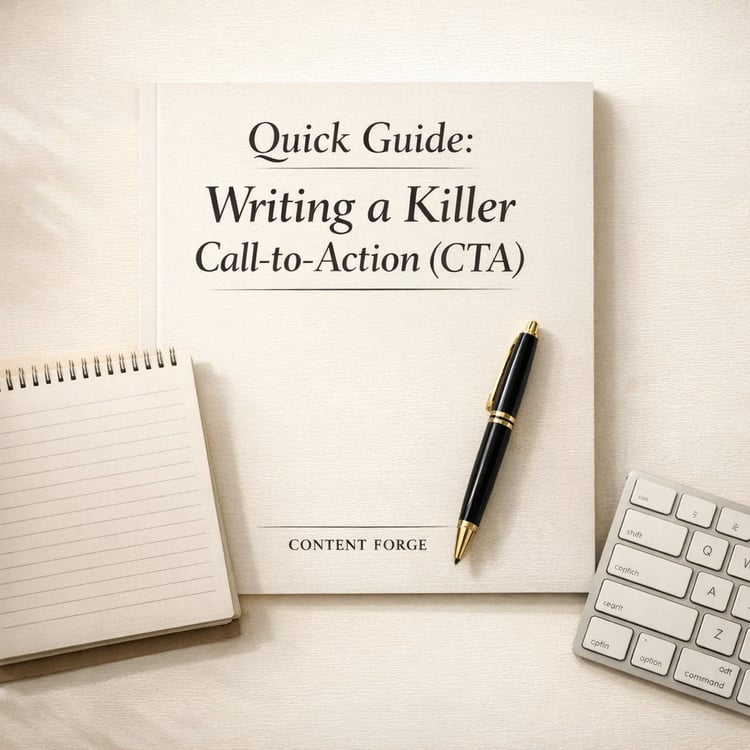 Minimalist editorial-style cover for a digital writing guide titled ‘Quick Guide: Writing a Killer Call‑to‑Action (CTA).’ Warm beige background with soft shadows. A spiral notepad, black and gold pen, and partial white keyboard frame the centered title. S