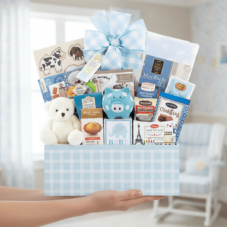 Gift basket with toys, snacks, and a teddy bear on a white background