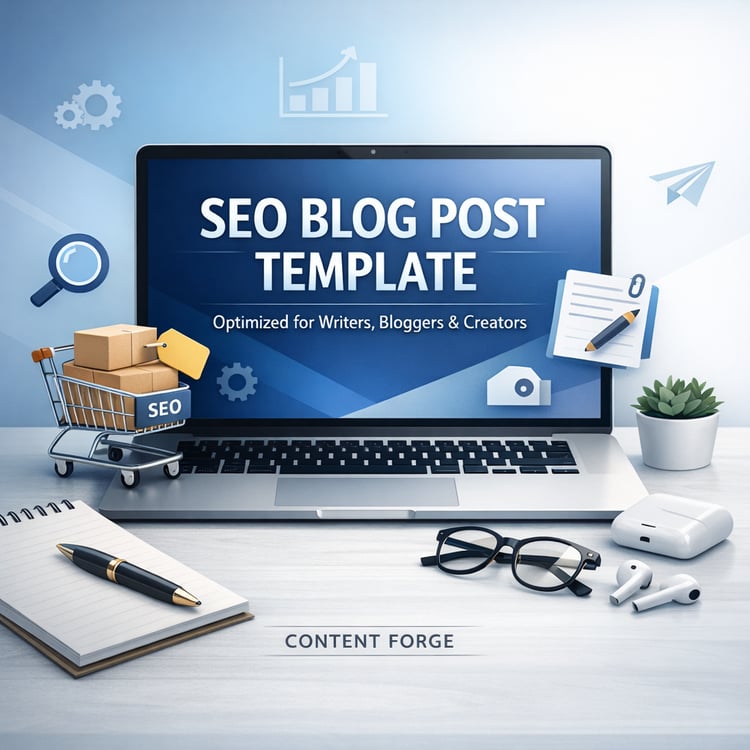 Modern tech-style cover for a digital resource titled ‘SEO Blog Post Template – Optimized for Writers, Bloggers & Creators.’ Blue gradient background with floating SEO icons. Laptop screen displays product title. Desk includes notepad, pen, earbuds, and p