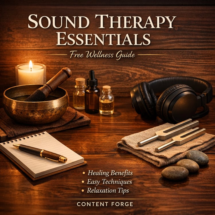 Warm cinematic cover for a free wellness guide titled ‘Sound Therapy Essentials.’ Wooden surface with Tibetan singing bowl, candle, essential oil bottles, headphones, and tuning forks. Calm lighting and soft textures evoke a peaceful, healing atmosphere.