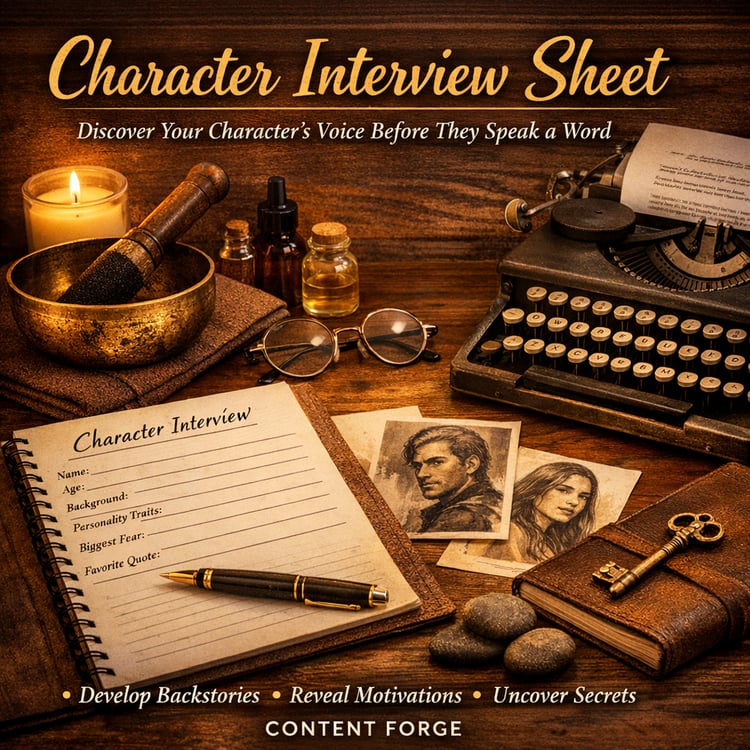 Cinematic writing desk cover for ‘Character Interview Sheet.’ Wooden surface with open notebook labeled ‘Character Interview,’ vintage typewriter, eyeglasses, sketches of fictional characters, and a brass key on a leather journal. Warm lighting and golden
