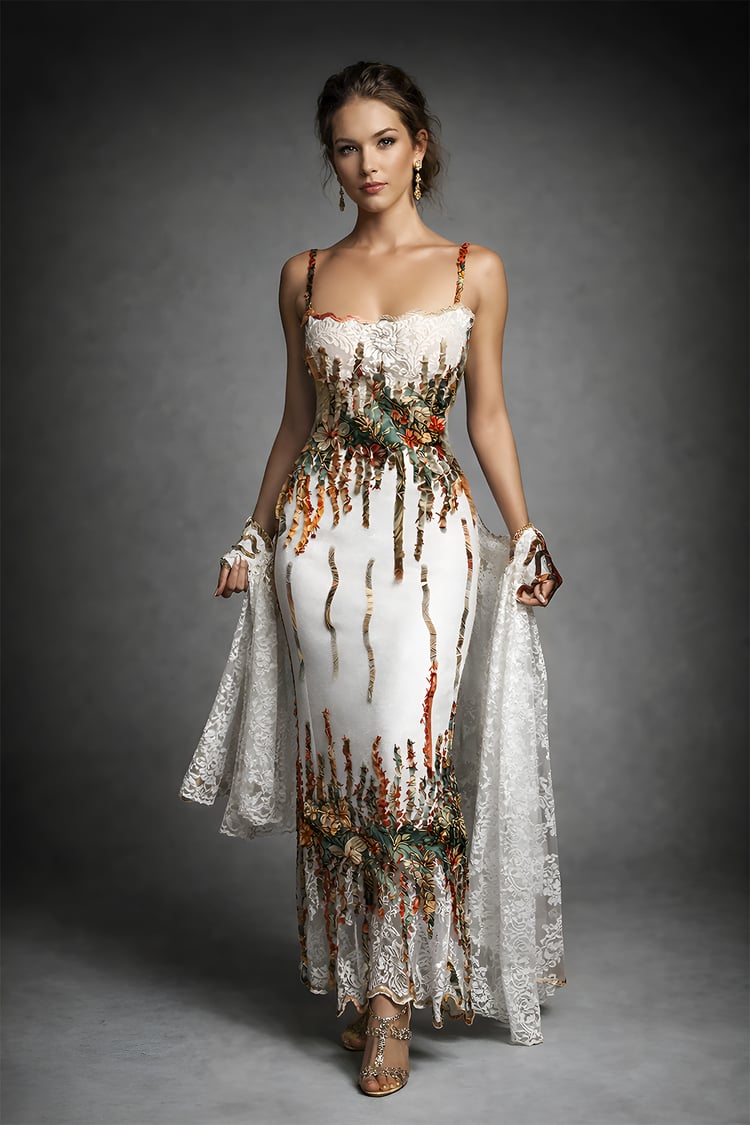 Elegant woman wearing a luxury couture lace gown with floral embroidery and botanical details in a studio fashion portrait with soft neutral lighting.