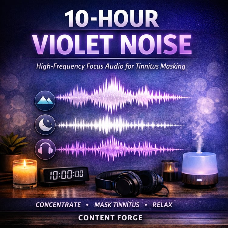 Cover image for ‘10-Hour Violet Noise – High-Frequency Focus Audio for Tinnitus Masking.’ Glowing purple waveform on dark gradient background with headphones, diffuser, and digital clock. Calm, high-frequency design.