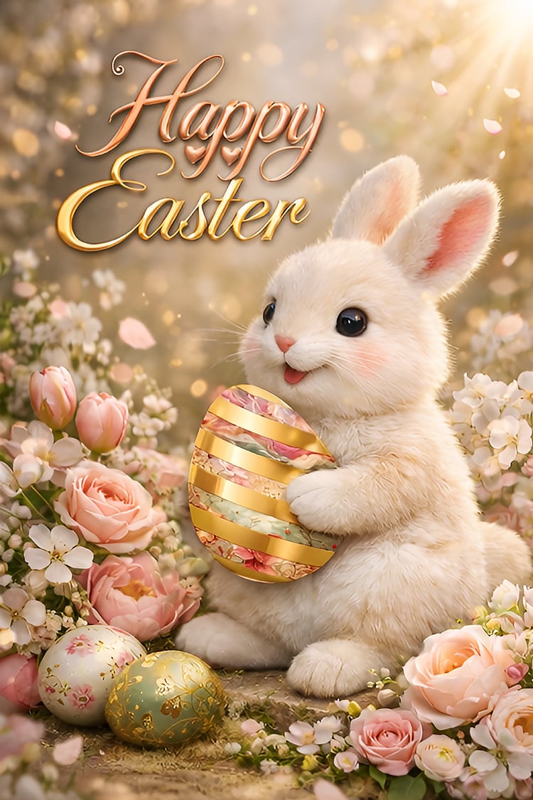 Adorable fluffy Easter bunny holding decorative floral egg surrounded by spring flowers and warm golden sunlight creating a cute pastel Easter scene.
