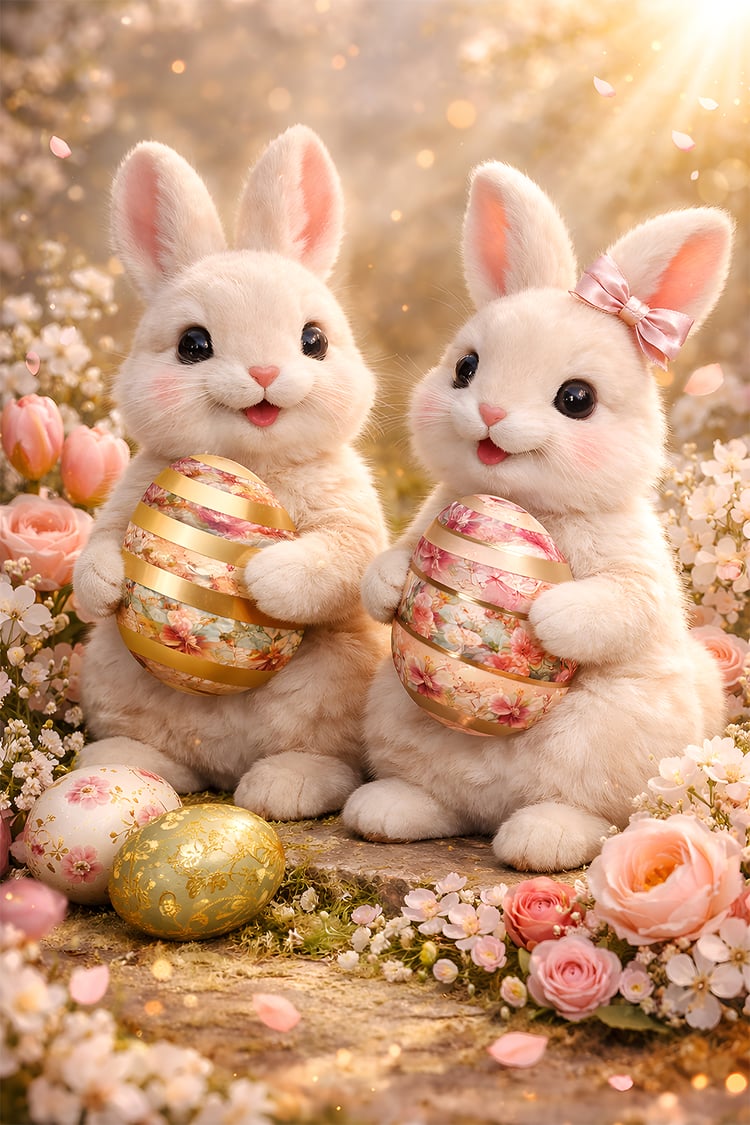Two adorable fluffy Easter bunnies holding decorative floral eggs surrounded by spring flowers and warm golden sunlight creating a cute pastel Easter scene.