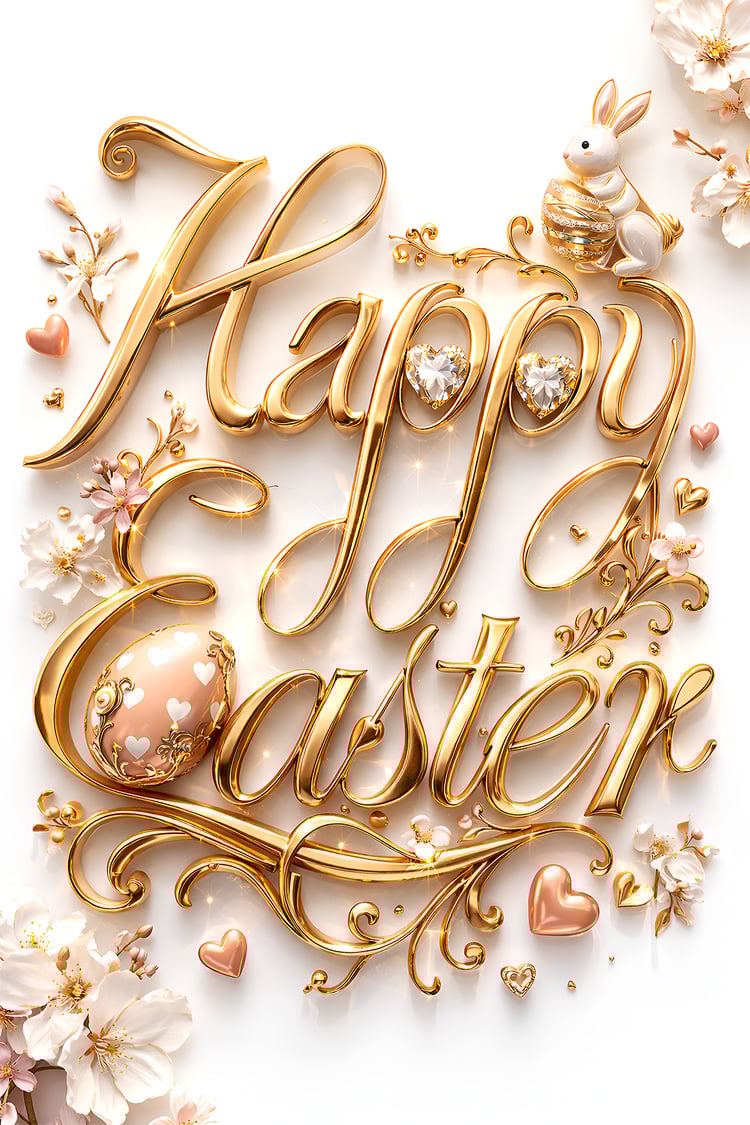 Luxury gold Happy Easter calligraphy typography with decorative floral elements, gemstone hearts, bunny accent and elegant Easter egg illustration on a soft background.