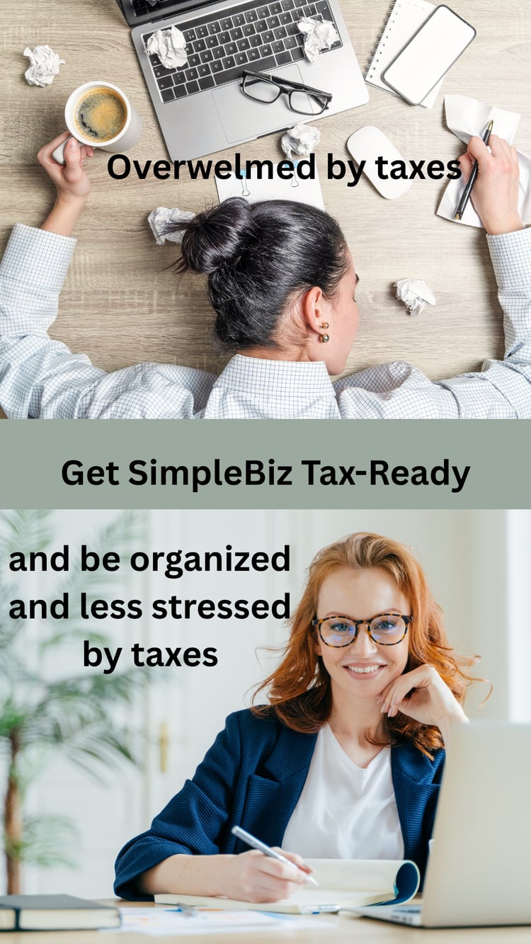 Top pic is of a lady who is overwelmed by tax season. She has a messy desk with a laptop. She has her head laying on the desk in frustration.  Picture on the bottom is organized and calm.