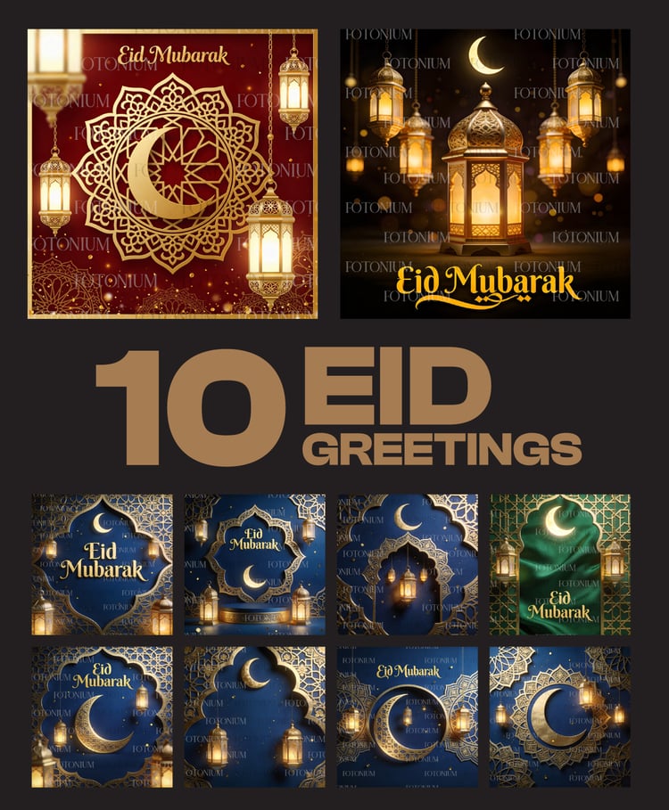 Eid Mubarak Greeting and Background Bundle – Golden Crescent Moon & Islamic Lantern Designs - 10 Images