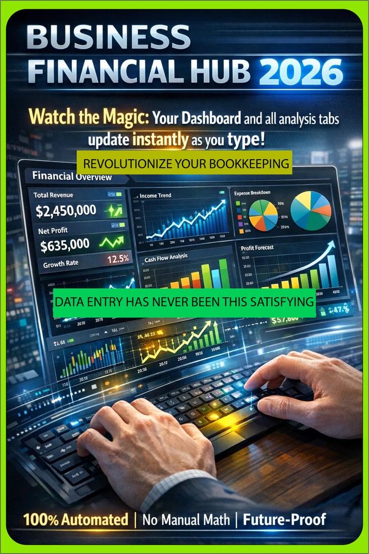 Futuristic digital business dashboard mockup for 2026, showing automated financial trends, net profit analysis, and growth rates with professional data visualization charts.