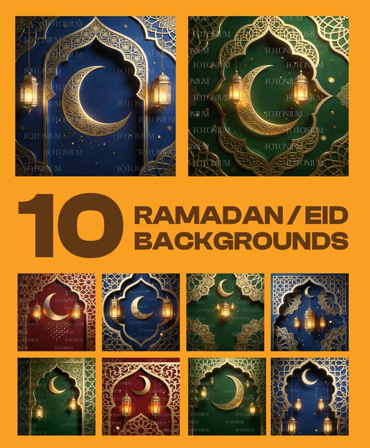 Luxury Ramadan & Eid Mubarak Background Bundle – 10 AI-Generated Islamic Crescent Moon & Lantern Designs
