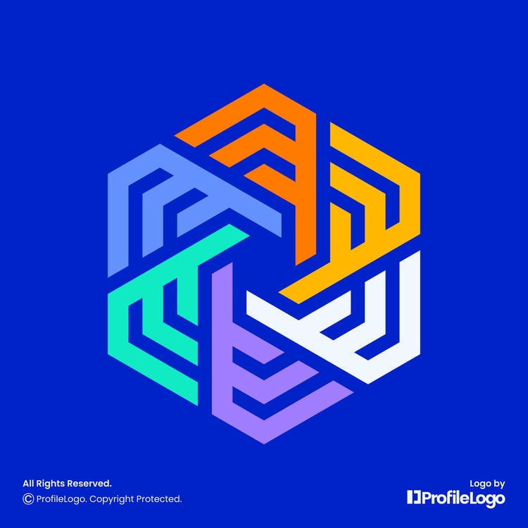 Colorful technology line hexagon logo by ProfileLogo with navy blue background