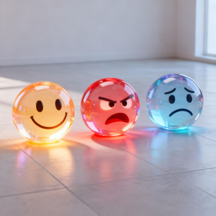 Set of three 3d rendered translucent gel style emojis Happy, Angry and sad on the floor - Ai Generated