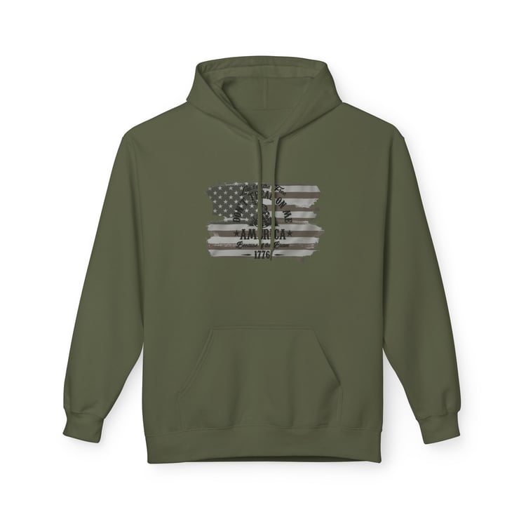 The 1776 Heritage hoodie in Military Green. Features a weathered American flag and Gadsden snake in a gritty, black-ink custom graphic.
