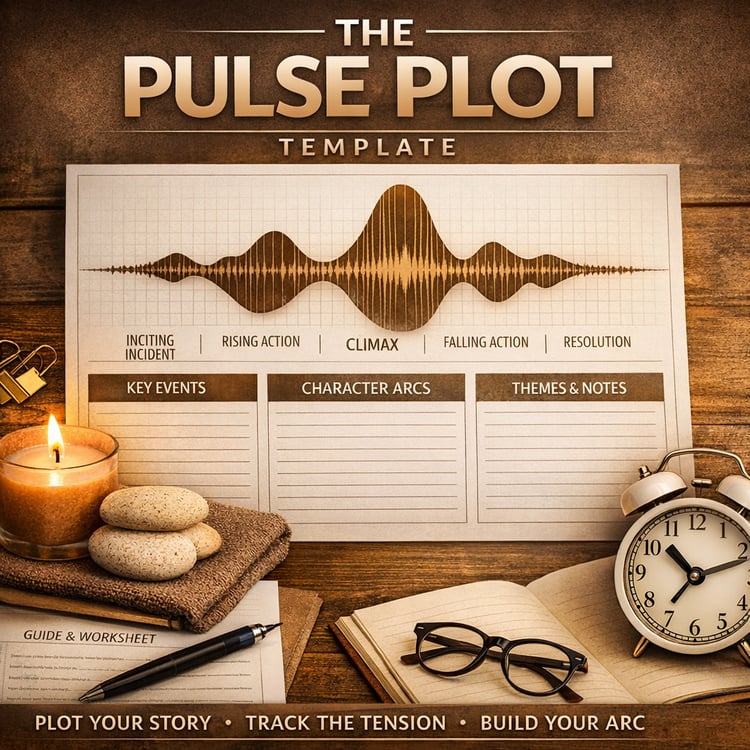 Product cover for “The Pulse Plot Template” featuring a pulse-style graph with labeled story beats, writing tools, and a structured worksheet layout. Text includes title, subtitle, and keywords: plot your story, track the tension, build your arc.