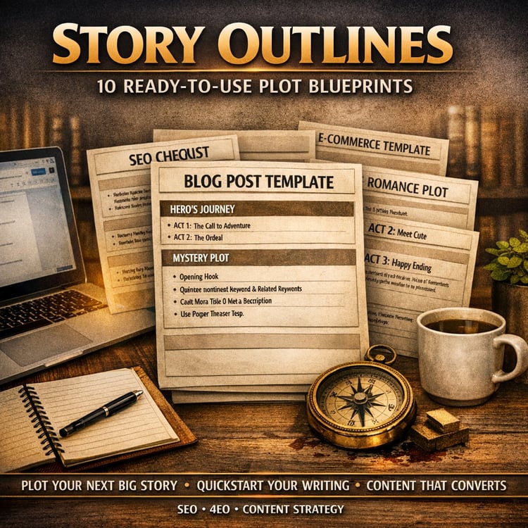Product cover for “Story Outlines — 10 Ready-to-Use Plot Blueprints” featuring fanned-out worksheets for Hero’s Journey, Mystery, and Romance plots, with a compass, notebook, and warm lighting. Text includes title, subtitle, and keywords: plot your story,