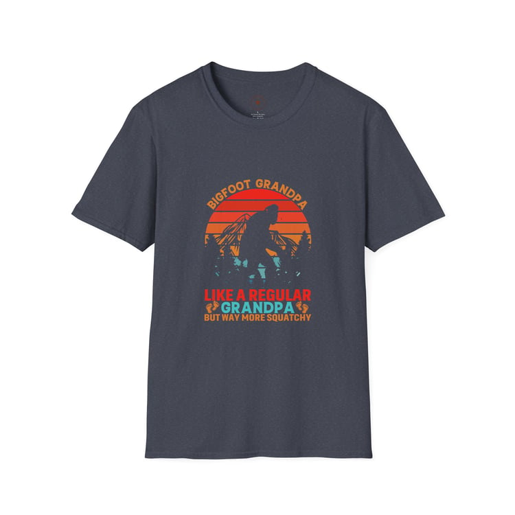 A Heather Navy t-shirt with a vintage speckled texture, showcasing the 'Way More Squatchy' Bigfoot Grandpa graphic in retro earth tones.