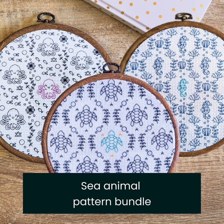 3 blackwork patterns framed in round hoops - purple octopus, blue sea horses and sea turtles