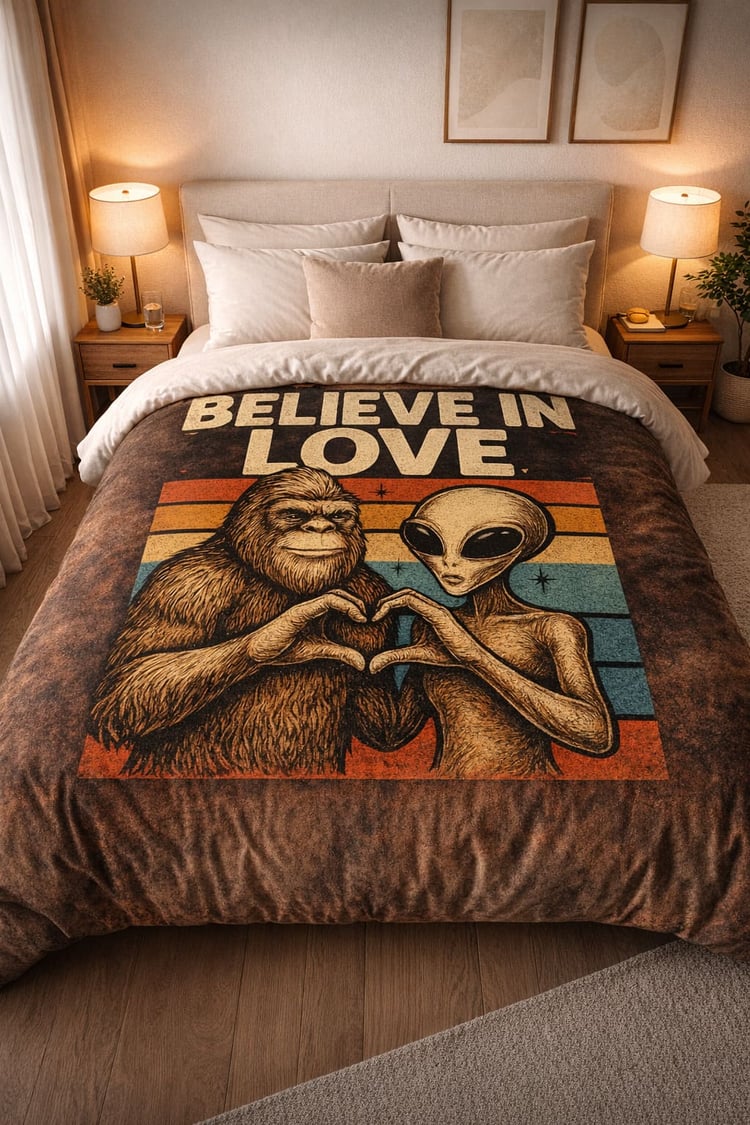 Believe in Love Bigfoot & Alien Duvet Cover – Funny Cryptid Bedding