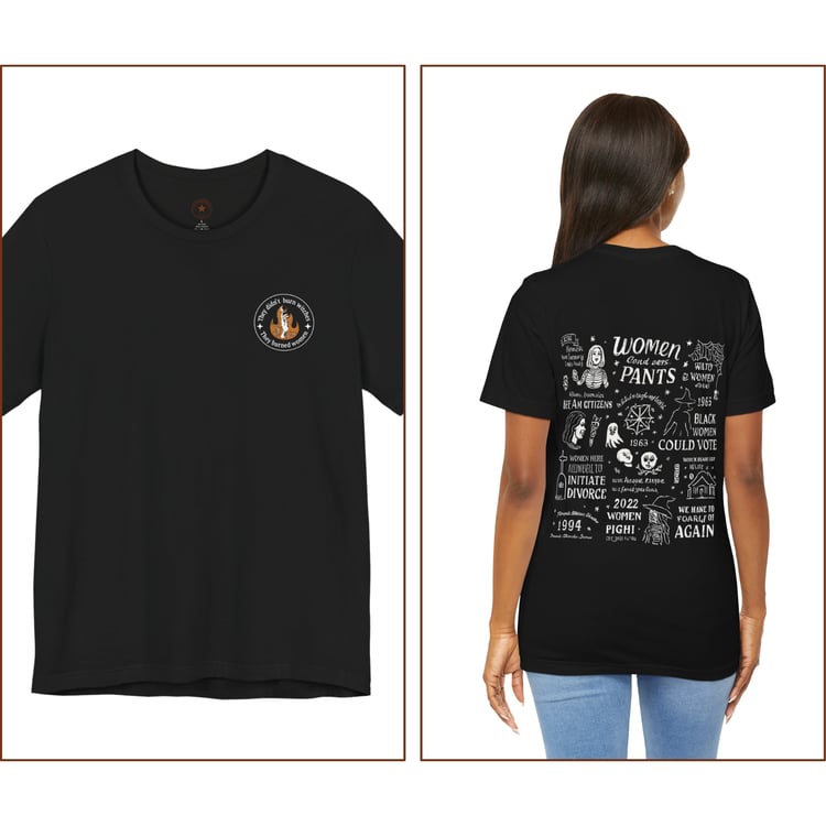 A Black Bella+Canvas 3001 t-shirt featuring a vertical Women's History timeline design with a skeleton and vintage orange sunset graphics.